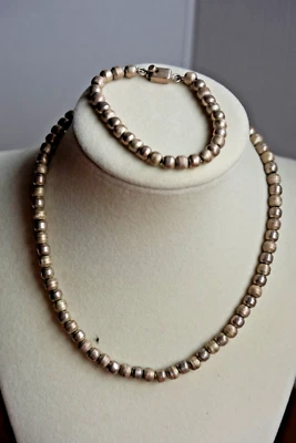 Mexico Sterling 925 Ball Bench Bead 6.25" Bracelet & 15" Necklace Vintage READ - Image 1 of 4