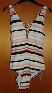 M&S Swimsuit 'Secret Slimming' UPF50+ Padded Plunge Striped 12 Pink Mix BNWT - Picture 1 of 1