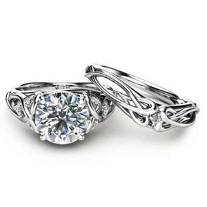 Conjunto de anillo de compromiso de piedra de corte redondo blanco de 2 quilates en plata esterlina 925 - Imagen 1 de 3