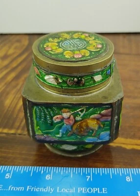 Antique Chinese Enamel Brass Tea Caddy Container - Image 1 of 4