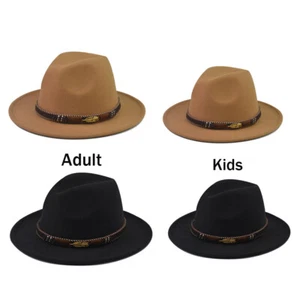 Womens Kids Wide Brim Felt Fedora Hat with Belt Vintage Jazz Cap Autumn Winter - Picture 1 of 13