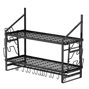 2 Tier Heavy Duty Steel Pot Rack Pan Hanger for Kitchen Storage Wall Mounted - Picture 1 of 15
