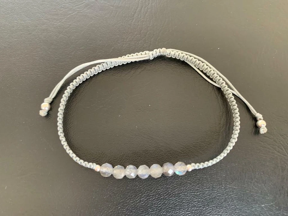 925 Sterling Silver Labradorite Grey Cord Macrame Friendship Bracelet Girl Woman - Image 1 of 1