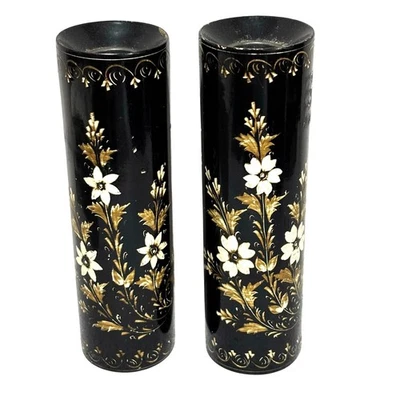 Wooden candle holders black lacquer Asian style gold & white cherry tree motif  - Image 1 of 4