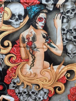 Las Elegantes Bright, Alexander Henry Fabric Day of dead Tattooed Ladies 31"x44" - Image 1 of 4
