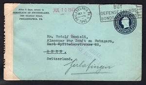 USA 1942 Censored Cover to Switzerland. RETURNED / NO SERVICE AVAILABLE - Picture 1 of 2
