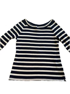 Talbots Top Women M/P Blue Pima Stripe Button Round Neck 3/4 Sleeve Nautical - Picture 1 of 7