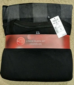 Mens Pajama Set Microfleece Pants Gray Black Plaid Long Sleeve Tee Shirt XL NWT - Picture 1 of 3