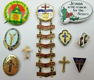Vintage Mixed Lot of Religious Pins Schools, Methodist CS, Crosses, BYPD, Jesus - Picture 1 of 6