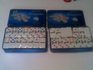 Cardinal Double Six 56 Collectors Dominoes Jumbo Color Dot Open Tin 2 sets - Picture 1 of 1