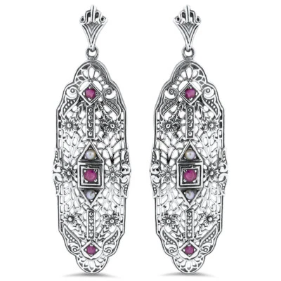 PENDIENTES FILIGRANA PLATA ESTERLINA 925 ESTILO ANTIGUO DECORACIÓN PERLAS RUBÍ GENUINOS 124X Foto 1 de 2