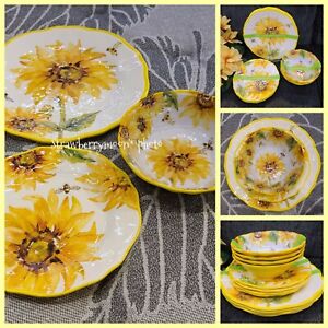 12pc Tuscan Sunflower Honey Bee Melamine Dinner / Salad App Dessert Plates Bowls
