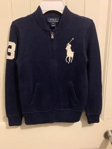 Ralph Lauren Polo BIG PONY Full Zip Sweater Jacket •NAVY/WHITE• Boys SMALL (8) - Picture 1 of 6