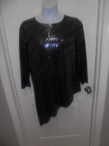 Slinky Brand Womens Black Silver Sequins Long Sleeves Crew Neck Top Size 1X - Picture 1 of 5
