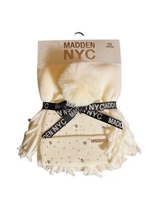 Madden  NYC Super Soft Scarf w Rhinestones Beanie Gift Set NEW with Ribbon IVORY - Picture 1 of 10