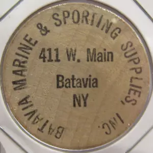 Suministros marinos y deportivos vintage de níquel de madera de Batavia, Nueva York - ficha de Nueva York - Imagen 1 de 2