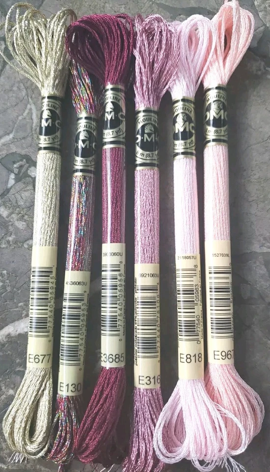 DMC Light Effects Embroidery Floss Set E3685 E316 E818 E677 E130 E967 pink gold - Image 1 of 1