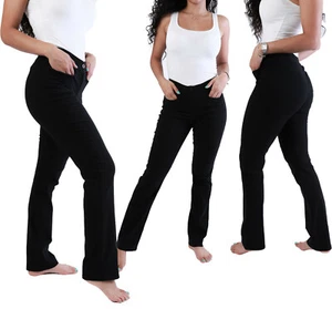 Women stretch straight trousers office work school college everyday black - Picture 1 of 8