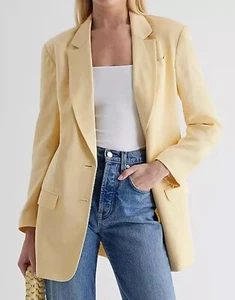 NEW EXPRESS PALE YELLOW LINEN BLEND OVERSIZED BOYFRIEND BLAZER JACKET SIZE XL - Picture 1 of 9