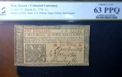 1776 PCGS MS63 PPQ Colonial 1 Shilling US Note NICE CH CU New Jersey Currency NR - Image 1 of 4