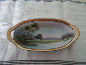 HAND PAINTED NORITAKE HAND PAINTED SCENE RECTANGULAR 2 HANDLE 1910'S DISH - Picture 1 of 4