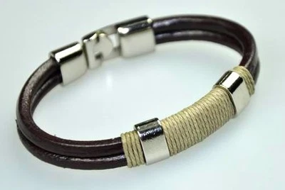 Pulsera Surfer Doble 4mm Cuero Envoltura Cáñamo Foto 1 de 2