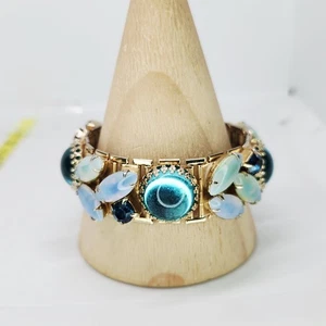 Bracciale vintage anni 50-60 navetta opalina cabochon strass vetro tono oro - Foto 1 di 8