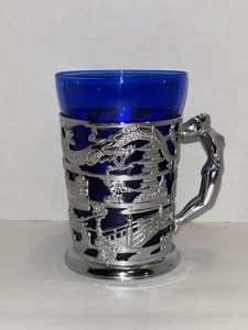 VTG Asian Style Japanese Silver Chrome Metal & Cobalt Blue Glass Stein Mug - Picture 1 of 11