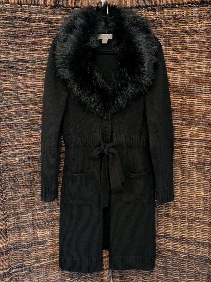 Cardigã suéter MICHAEL Michael Kors pele sintética lã amarrar cintura longa médio - Imagem 1 de 4