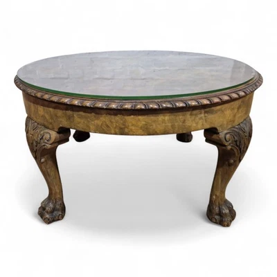 Antique Vintage carved walnut circular coffee table / lamp table with paw feet - Image 1 of 4