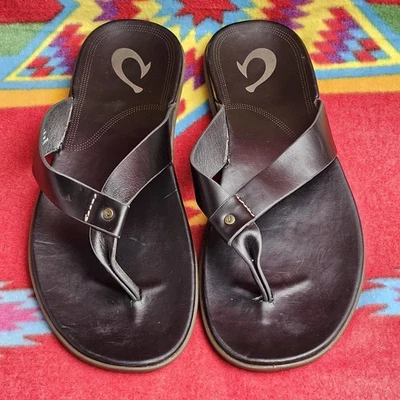 Olukai Kapua Leather Flip Flop Sandals Mens Size 12 BLK BRN Beach Thong /Y-Strap - Image 1 of 4