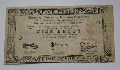 Billete de Samar de cinco pesos de guerrilla filipina de 1943 Segunda Guerra Mundial gratis Foto 1 de 2