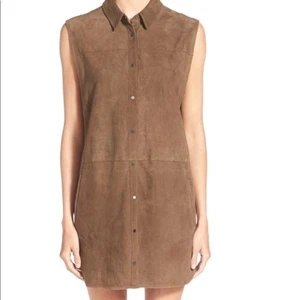 Vince Brown Suede Leather Tunic Vest Snap Front Dress Size 14 - Picture 1 of 14