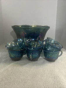 Vintage Indiana Glass Iridescent Blue Harvest Carnival Glass Punch Bowl Set - Picture 1 of 8