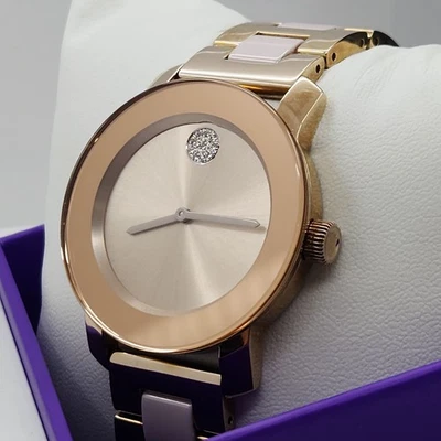MOVADO Women’s Bold Steel Rose Gold And Ceramic Watch 3600639 Swiss Made In Box  - Image 1 of 4