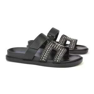 Women's Studded Gladiator Strap Black Sandal Ladies Comfy Slider Size 3-8 - Picture 1 of 10