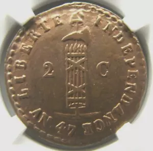 Haiti 2 Cent. KM35 AN 47/1850 star above denomination, NGC AU details.  Rare ! - Picture 1 of 3