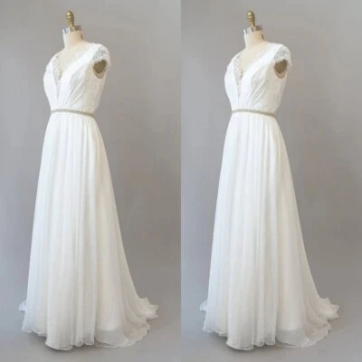 Elegant Wedding Dresses Chiffon Lace Sleeveless Beach A Line V Neck Bridal Gowns - Image 1 of 4