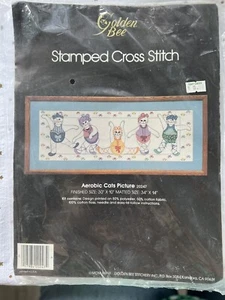1986 AEROBIC CATS Dancing Stamped Cross Stitch Picture Kit  30 x 10 New Sealed  - Picture 1 of 2
