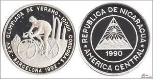 Nicaragua 10000 Cordobas 1990 / Barcelona '92 - cycling / 26 gr. PROO silver - Picture 1 of 1