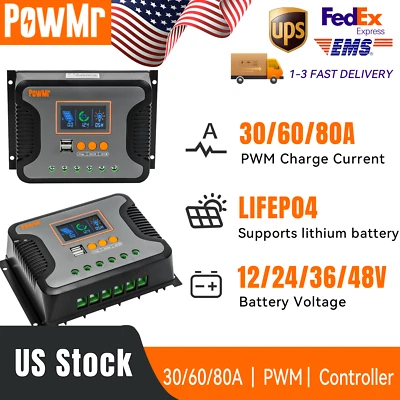 POWMR 12V/24V/48V 30-80A PWM Solar Charge Controller Panel Battery Regulator Dual USB