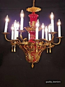 RARE Antique French Art Nouveau 12 Light OXBLOOD Empire Bronze Brass Chandelier - Picture 1 of 22
