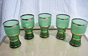 Vintage Emerald Green Gold Trim Set Of 5 cordial Shot Glasses - Picture 1 of 6