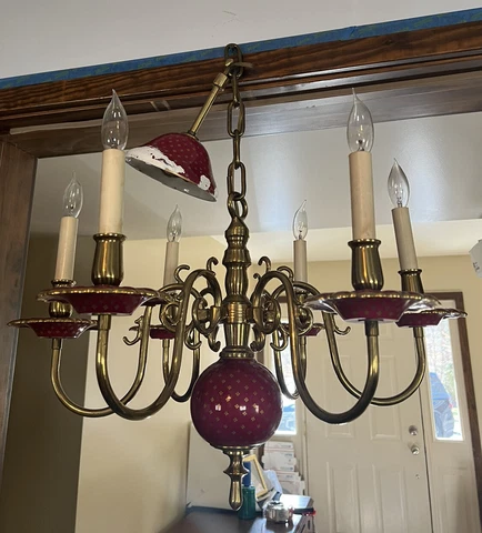 Vintage Solid Brass Unique DUTCH CHANDELIER  6 Light Red Enamel Design 22” Cover