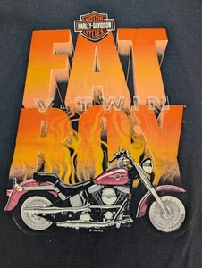 Vintage Harley Davidson FAT BOY T Shirt Black Orange Flames Vienna 1999 XL - Picture 1 of 8