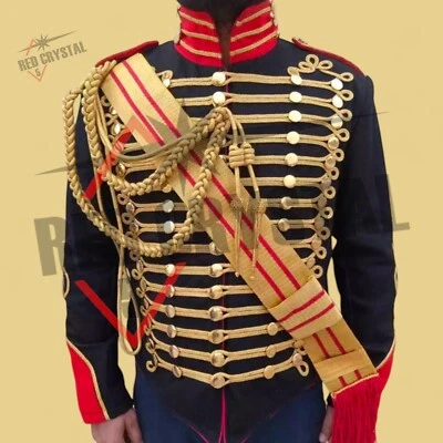 Nueva chaqueta de lana trenzada dorada ceremonial hecha a medida húsar general negra para hombre Foto 1 de 4