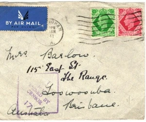 GB WW2 Cover Birmingham Air Mail CENSOR AUSTRALIA Toowoomba 1941 {samwells} R132 - Picture 1 of 6