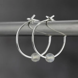 Pale Grey Labradorite Gemstone & 15mm Sterling Silver Hoop Earrings Gift Box - Picture 1 of 4