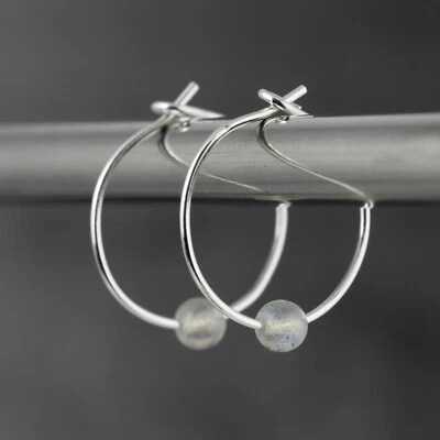 Pale Grey Labradorite Gemstone & 15mm Sterling Silver Hoop Earrings Gift Box - Image 1 of 4