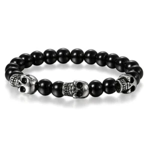 Gothic Vintage Skull Head 8MM Black Stone Beaded Mala Buddha Bracelet Men Women - Picture 1 of 5